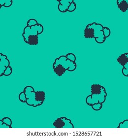 Blue line Cloud with snow and sun icon isolated seamless pattern on green background. Cloud with snowflakes. Single weather icon. Snowing sign.  Vector Illustration