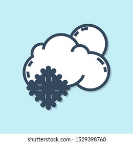 Blue line Cloud with snow and sun icon isolated on blue background. Cloud with snowflakes. Single weather icon. Snowing sign.  Vector Illustration