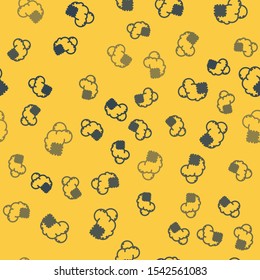 Blue line Cloud with snow and sun icon isolated seamless pattern on yellow background. Cloud with snowflakes. Single weather icon. Snowing sign.  Vector Illustration