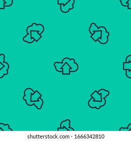 Blue line Cloud upload icon isolated seamless pattern on green background.  Vector Illustration