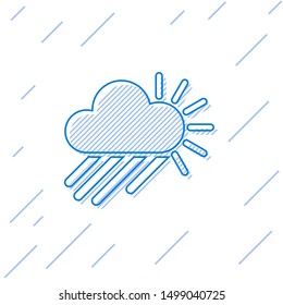 Blue line Cloudy with rain and sun icon isolated on white background. Rain cloud precipitation with rain drops.  Vector Illustration