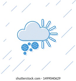 Blue line Cloudy with snow icon isolated on white background. Cloud with snowflakes. Single weather icon. Snowing sign.  Vector Illustration
