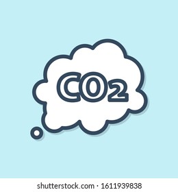 Blue line CO2 emissions in cloud icon isolated on blue background. Carbon dioxide formula symbol, smog pollution concept, environment concept.  Vector Illustration