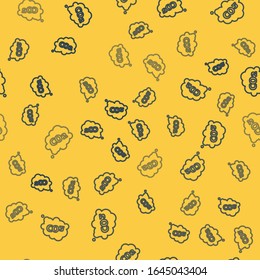 Blue line CO2 emissions in cloud icon isolated seamless pattern on yellow background. Carbon dioxide formula symbol, smog pollution concept, environment concept.  Vector Illustration