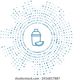 Blue line Cocktail shaker with lime icon isolated on white background. Abstract circle random dots. Vector