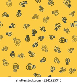 Blue line Coffee cup with 8 March icon isolated seamless pattern on yellow background. Tea cup. Hot drink coffee. International Happy Women Day.  Vector Illustration