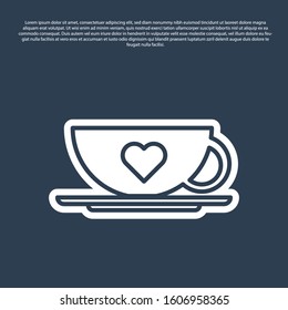 Blue line Coffee cup and heart icon isolated on blue background. Couple coffee for lovers on Valentines Day.  Vector Illustration