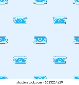 Blue line Coffee cup and heart icon isolated seamless pattern on grey background. Couple coffee for lovers on Valentines Day.  Vector Illustration