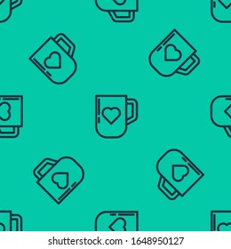 Blue line Coffee cup and heart icon isolated seamless pattern on green background. Couple coffee for lovers on Valentines Day.  Vector Illustration
