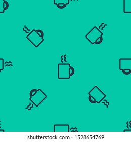 Blue line Coffee cup icon isolated seamless pattern on green background. Tea cup. Hot drink coffee.  Vector Illustration