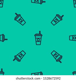 Blue line Coffee cup icon isolated seamless pattern on green background. Disposable coffee cup with hot coffee.  Vector Illustration