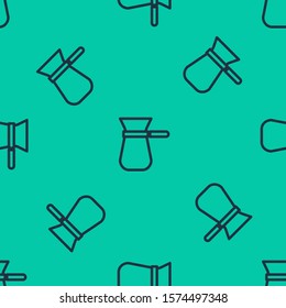 Blue line Coffee turk icon isolated seamless pattern on green background.  Vector Illustration
