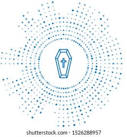Blue line Coffin with christian cross icon isolated on white background. Happy Halloween party. Abstract circle random dots. Vector Illustration