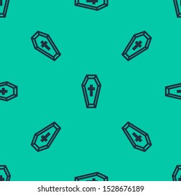 Blue line Coffin with christian cross icon isolated seamless pattern on green background. Happy Halloween party.  Vector Illustration