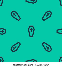 Blue line Coffin with christian cross icon isolated seamless pattern on green background. Happy Halloween party.  Vector Illustration