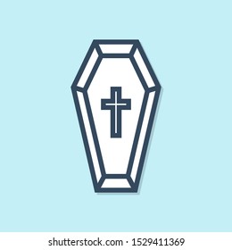 Blue line Coffin with christian cross icon isolated on blue background. Happy Halloween party.  Vector Illustration