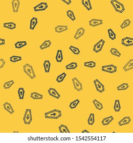 Blue line Coffin with christian cross icon isolated seamless pattern on yellow background. Happy Halloween party.  Vector Illustration