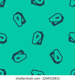 Blue line Coffin with christian cross icon isolated seamless pattern on green background. Happy Halloween party.  Vector