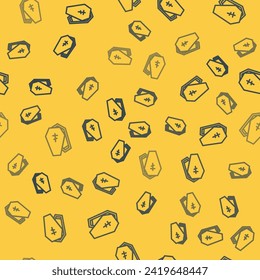 Blue line Coffin with christian cross icon isolated seamless pattern on yellow background. Happy Halloween party.  Vector