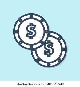 Blue line Coin money with dollar symbol icon isolated on blue background. Banking currency sign. Cash symbol.  Vector Illustration