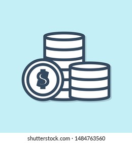 Blue line Coin money with dollar symbol icon isolated on blue background. Banking currency sign. Cash symbol.  Vector Illustration