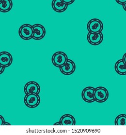Blue line Coin money with dollar symbol icon isolated seamless pattern on green background. Banking currency sign. Cash symbol.  Vector Illustration