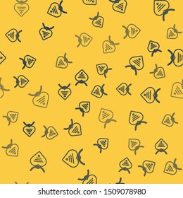 Blue line Collar with name tag and heart icon isolated seamless pattern on yellow background. Simple supplies for domestic animal. Cat and dog care. Pet chains.  Vector Illustration