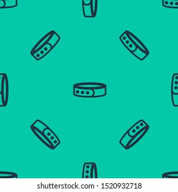 Blue line Collar with name tag icon isolated seamless pattern on green background. Simple supplies for domestic animal. Cat and dog care. Pet chains.  Vector Illustration