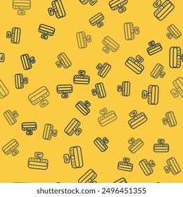 Blue line Collar with name tag icon isolated seamless pattern on yellow background. Simple supplies for domestic animal. Cat and dog care. Pet chains.  Vector