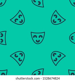 Blue line Comedy theatrical mask icon isolated seamless pattern on green background.  Vector Illustration