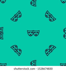 Blue line Comedy and tragedy theatrical masks icon isolated seamless pattern on green background.  Vector Illustration