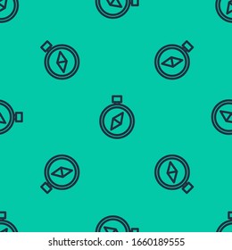 Icono de la brújula azul aislado sin fisuras en fondo verde. Símbolo de navegación de Windrose. Signo de rosa eólica. Ilustración vectorial