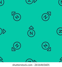 Blue line Compass icon isolated seamless pattern on green background. Windrose navigation symbol. Wind rose sign.  Vector