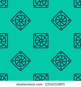 Blue line Computer cooler icon isolated seamless pattern on green background. PC hardware fan.  Vector