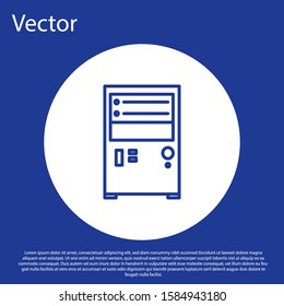 Blue line Computer icon isolated on blue background. PC component sign. White circle button. Vector Illustration