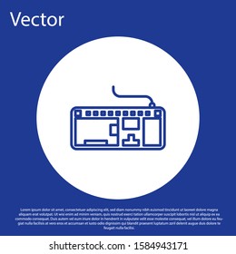 Blue line Computer keyboard icon isolated on blue background. PC component sign. White circle button. Vector Illustration