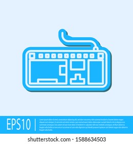Blue line Computer keyboard icon isolated on grey background. PC component sign.  Vector Illustration