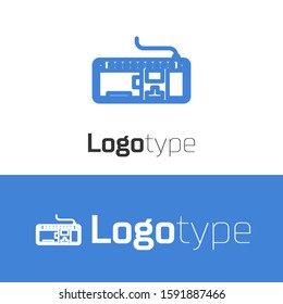 Blue line Computer keyboard icon isolated on white background. PC component sign. Logo design template element. Vector Illustration