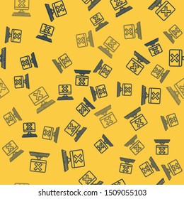 Blue line Computer with keyboard and x mark icon isolated seamless pattern on yellow background. Error window, exit button, cancel, 404 error page not found concept.  Vector Illustration