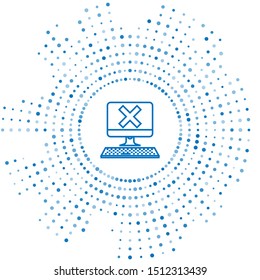 Blue line Computer with keyboard and x mark icon isolated on white background. Error window, exit button, cancel, 404 error page not found concept. Abstract circle random dots. Vector Illustration