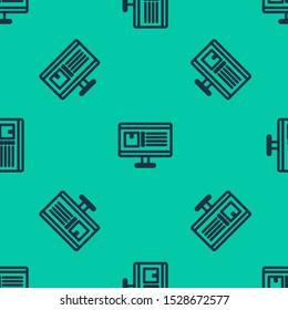 Blue line Computer monitor with app delivery tracking icon isolated seamless pattern on green background. Parcel tracking.  Vector Illustration