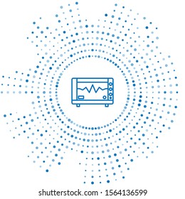 Blue line Computer monitor with cardiogram icon isolated on white background. Monitoring icon. ECG monitor with heart beat hand drawn. Abstract circle random dots. Vector Illustration