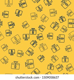 Blue line Computer monitor with dollar symbol icon isolated seamless pattern on yellow background. Online shopping concept. Earnings in the Internet, marketing.  Vector Illustration
