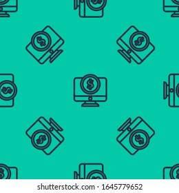 Blue line Computer monitor with dollar symbol icon isolated seamless pattern on green background. Online shopping concept. Earnings in the Internet, marketing.  Vector Illustration