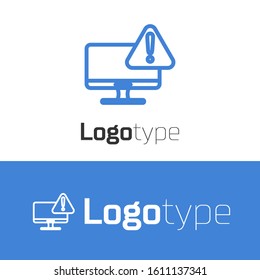 Blue line Computer monitor with exclamation mark icon isolated on white background. Alert message smartphone notification. Logo design template element. Vector Illustration