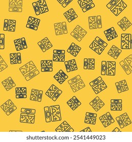 Blue line Computer monitor and folded map with location marker icon isolated seamless pattern on yellow background.  Vector