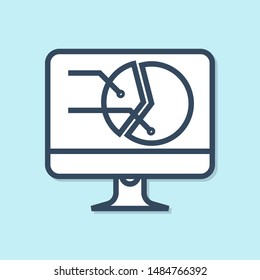 Blue line Computer monitor with graph chart icon isolated on blue background. Report text file icon. Accounting sign. Audit, analysis, planning.  Vector Illustration