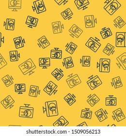 Blue line Computer monitor with graph chart icon isolated seamless pattern on yellow background. Report text file icon. Accounting sign. Audit, analysis, planning.  Vector Illustration