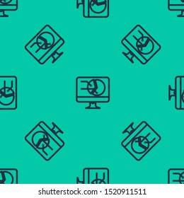 Blue line Computer monitor with graph chart icon isolated seamless pattern on green background. Report text file icon. Accounting sign. Audit, analysis, planning.  Vector Illustration