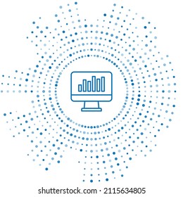 Blue line Computer monitor with graph chart icon isolated on white background. Report text file icon. Accounting sign. Audit, analysis, planning. Abstract circle random dots. Vector